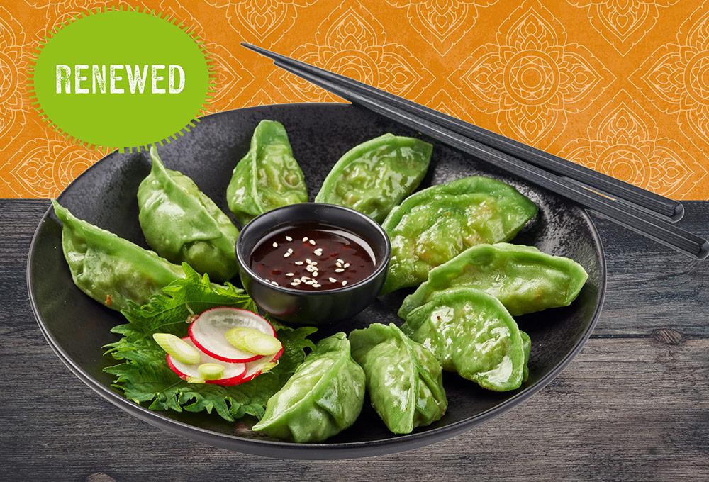 These traditionally folded Asian dumplings are filled with a tasty blend of vegetables and spices. Now VEGAN!