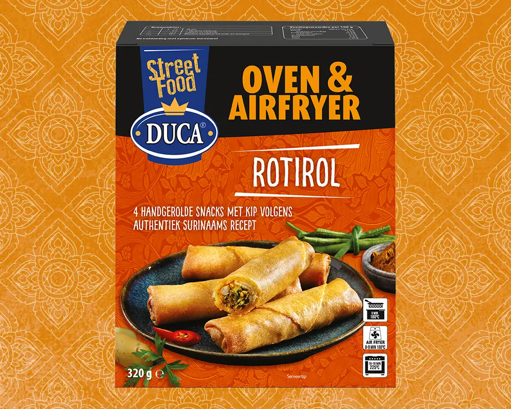 This deliciously spiced Roti Roll hails from Suriname. Hand-rolled and filled according to an authentic recipe with tender chicken, crispy vegetables, and aromatic Graham Masala spices.