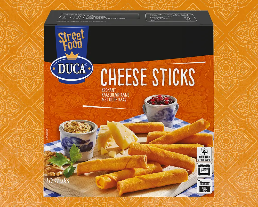 Duca Cheese Sticks are delicious cheese-filled snacks made with aged cheese, wrapped in a crispy crepe-like pastry. Creamy and full of flavour.